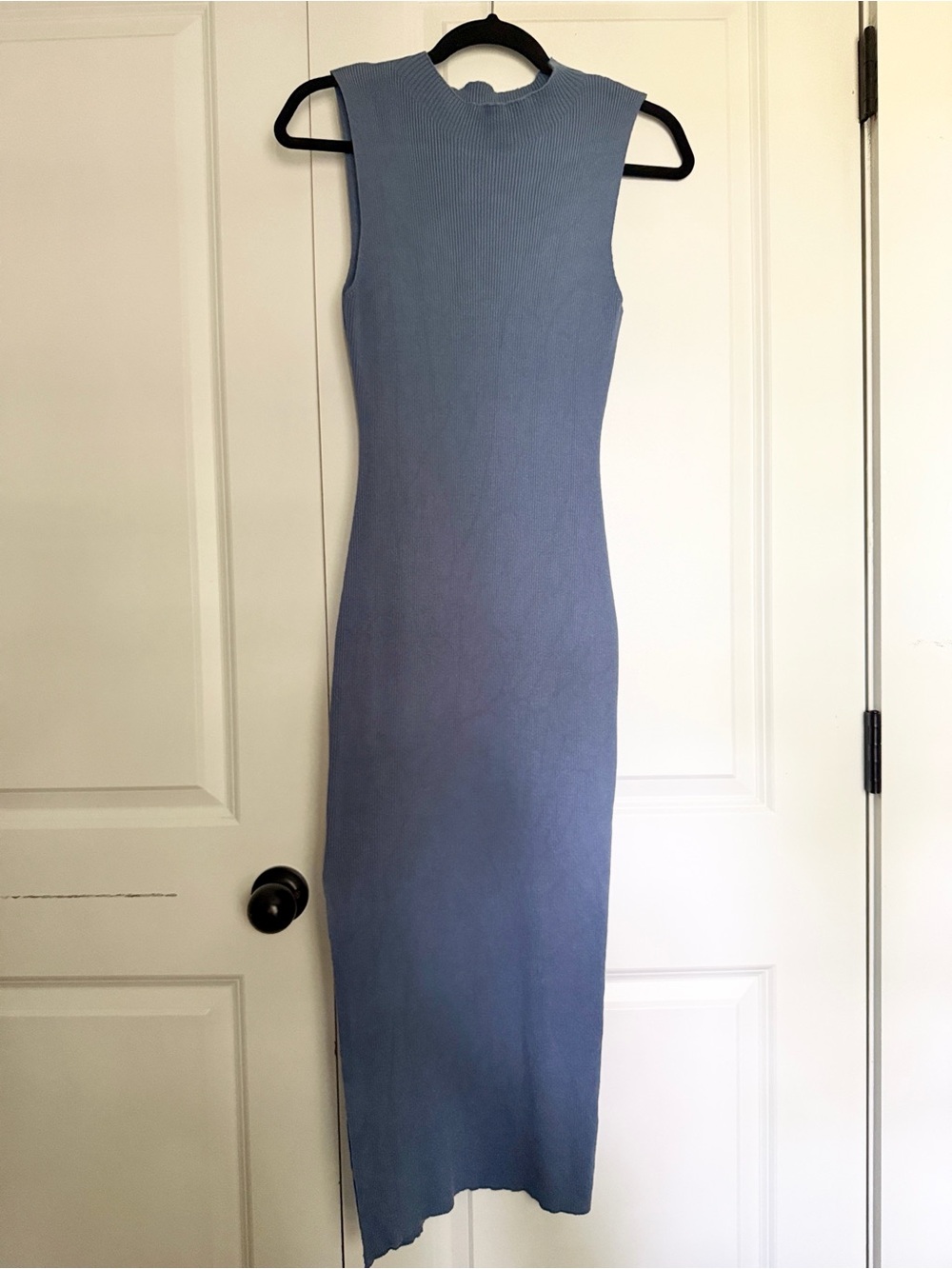 Dusty Blue Mock Neck Sleeveless Ribbed Sweater Midi Dress Bodycon Minimalist